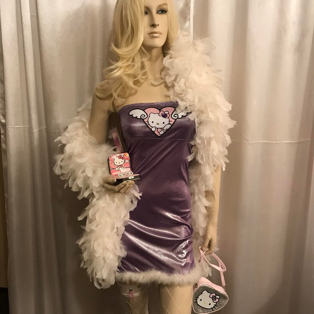 🍭vinatge y2k custom hello kitty dress with feathered trim and crystal earings !